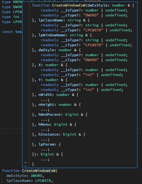 CreateWindowExW example implementation with verbose type definitions